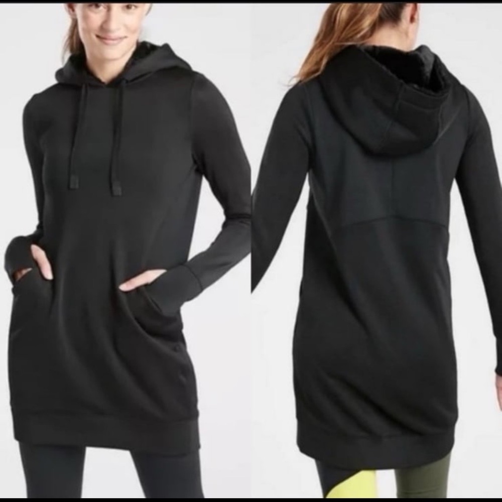 Athleta Triumph Luce shine black‎ pullover faux fur hooded mini dress